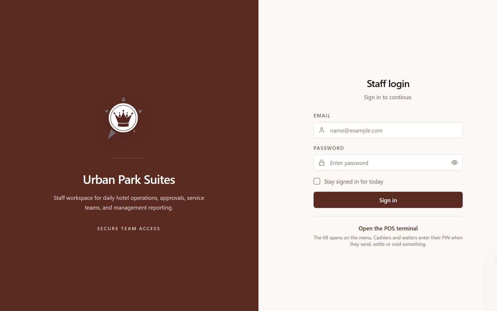 Staff login screen of the Urban Park Suites hotel operations system