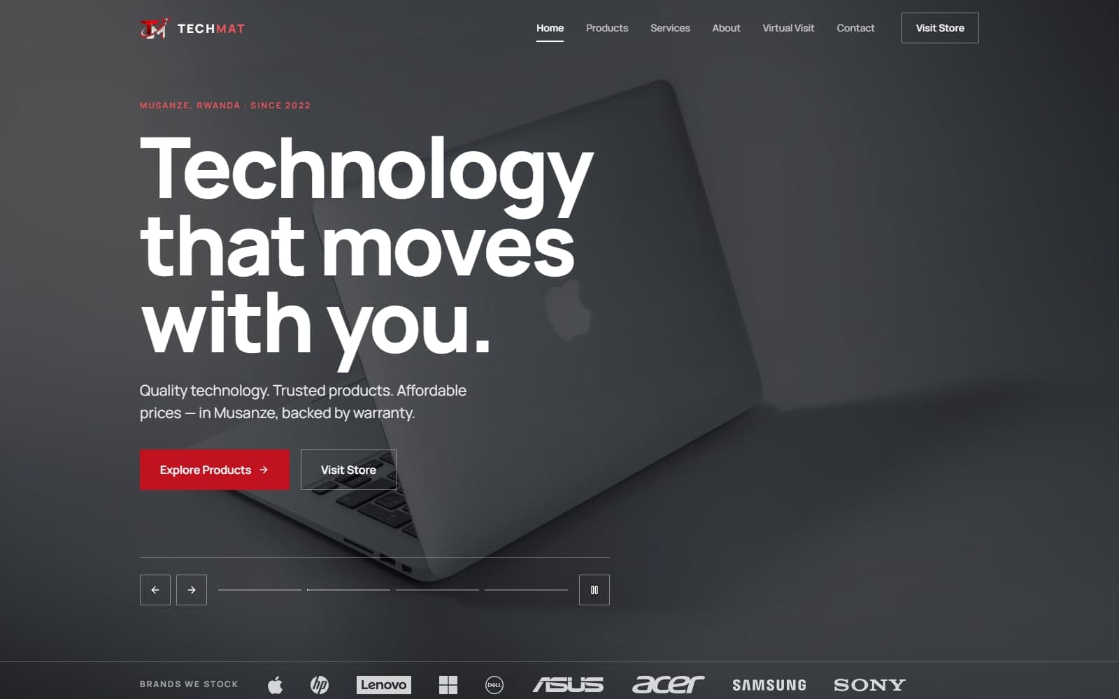 Homepage of the Techmat website with the headline “Technology that moves with you”